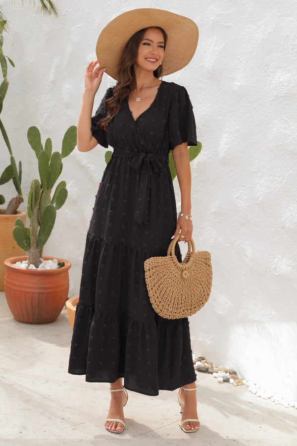 Swiss Dot Tied Surplice Short Sleeve Dress-Teresa's Fashionista LLC