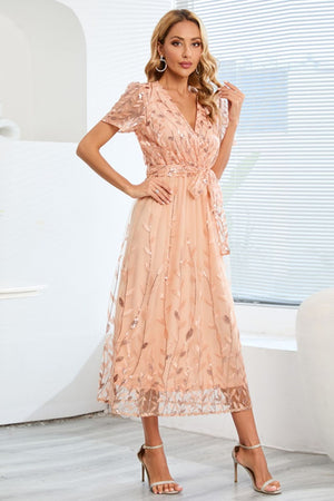 Sequin Leaf Embroidery Tie Front Short Sleeve Dress-Teresa's Fashionista LLC