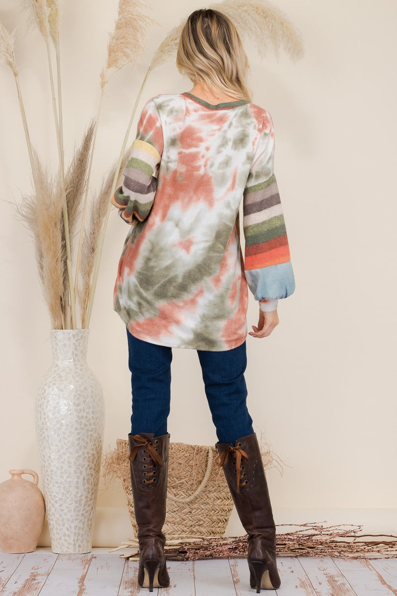 Celeste Full Size Tie-Dye Contrast Striped V-Neck Long Sleeve Blouse - Teresa's Fashionista LLC