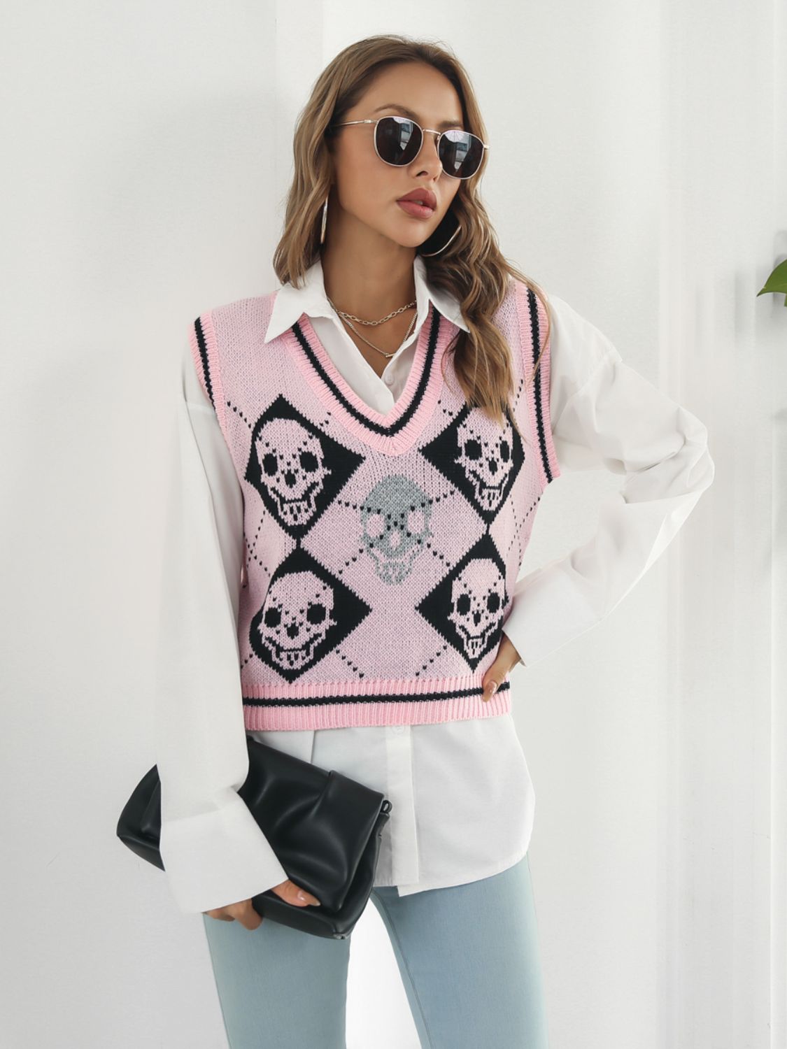 Skull Contrast V-Neck Sweater Vest - Teresa's Fashionista LLC