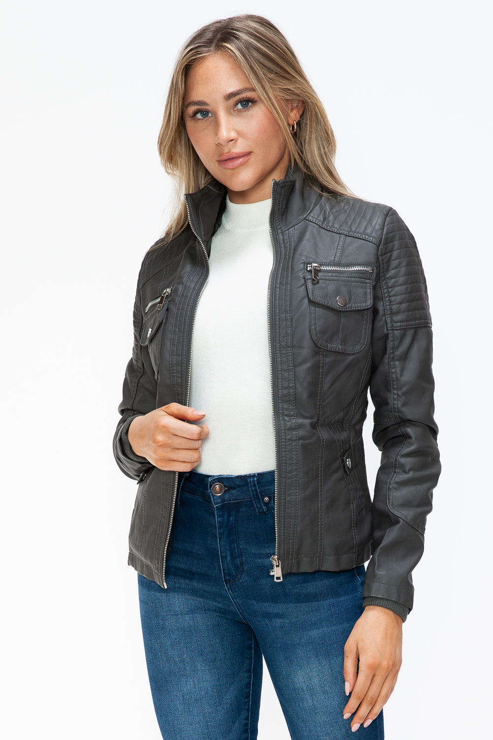 YMI Removable Faux Layered Multi-Pocket Jacket with Fuzzy Hood - Teresa's Fashionista LLC