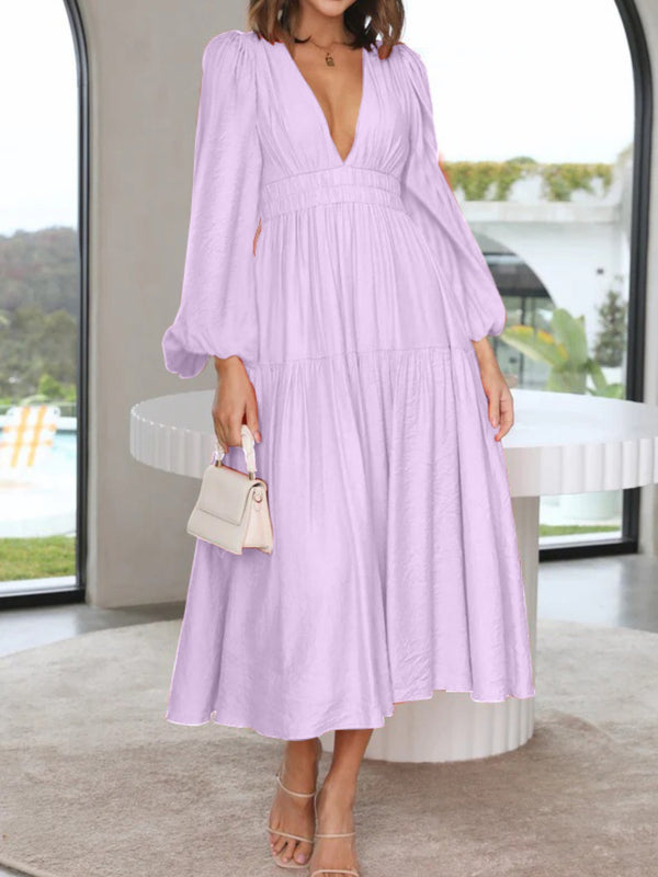 Deep V-Neck Balloon Sleeve Plain Maxi Dress-Teresa's Fashionista LLC