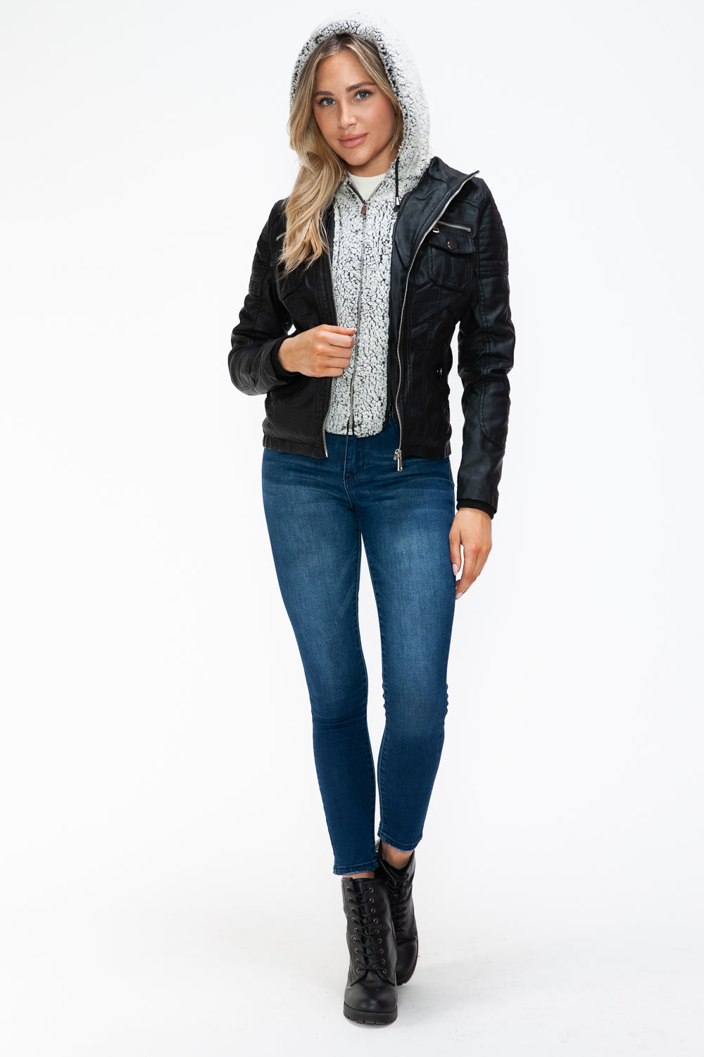 YMI Removable Faux Layered Multi-Pocket Jacket with Fuzzy Hood - Teresa's Fashionista LLC