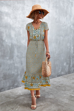 V-Neck Short Sleeve Printed Maxi Dress-Teresa's Fashionista LLC