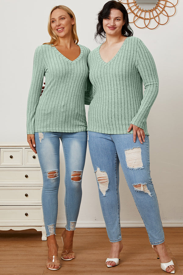 Basic Bae Full Size Ribbed V-Neck Long Sleeve T-Shirt-Teresa's Fashionista LLC
