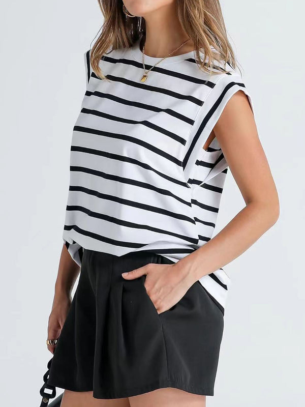 Striped Round Neck Cap Sleeve T-Shirt-Teresa's Fashionista LLC
