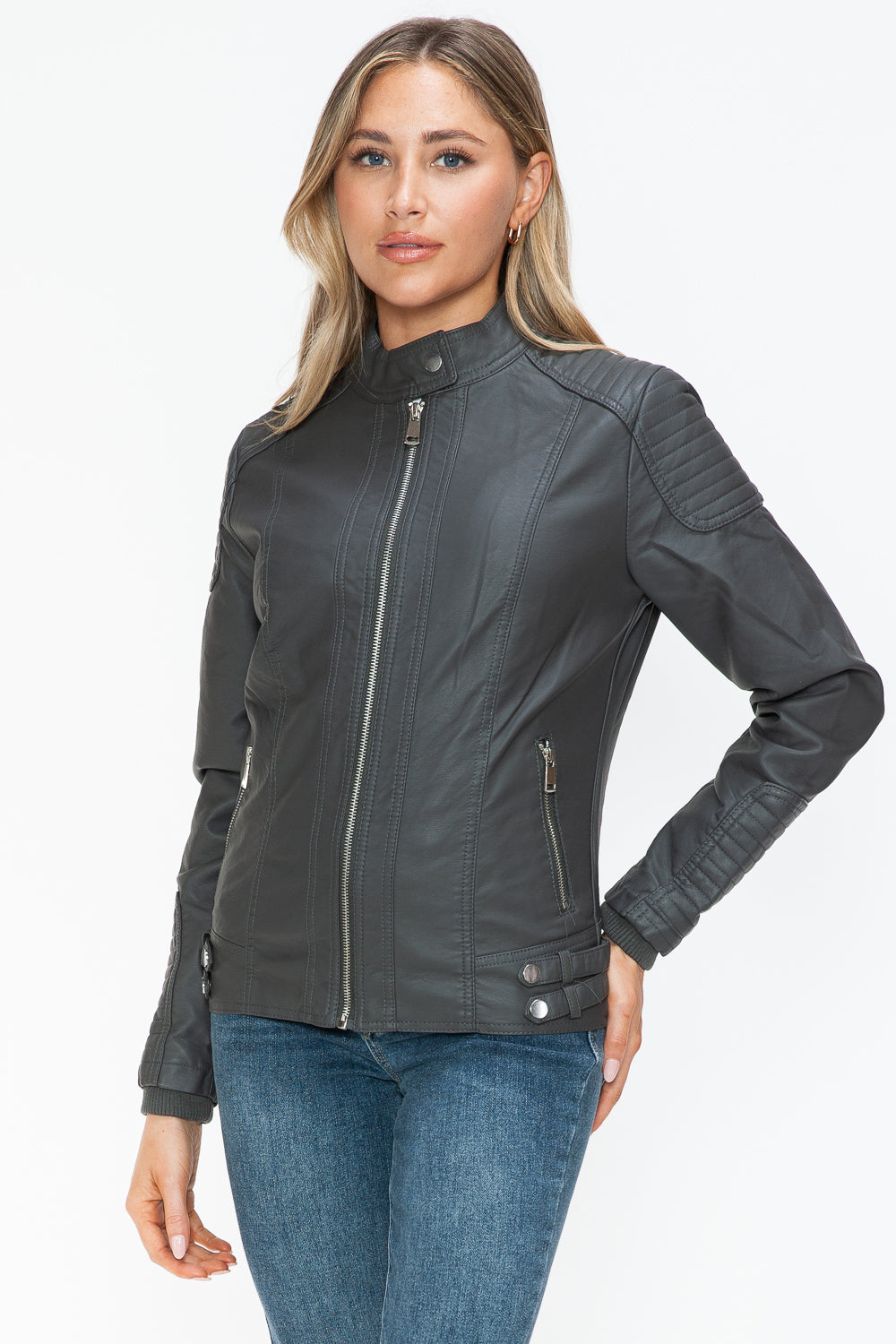 Snobbish Faux Leather Biker Jacket with Side Zip Pockets - Teresa's Fashionista LLC