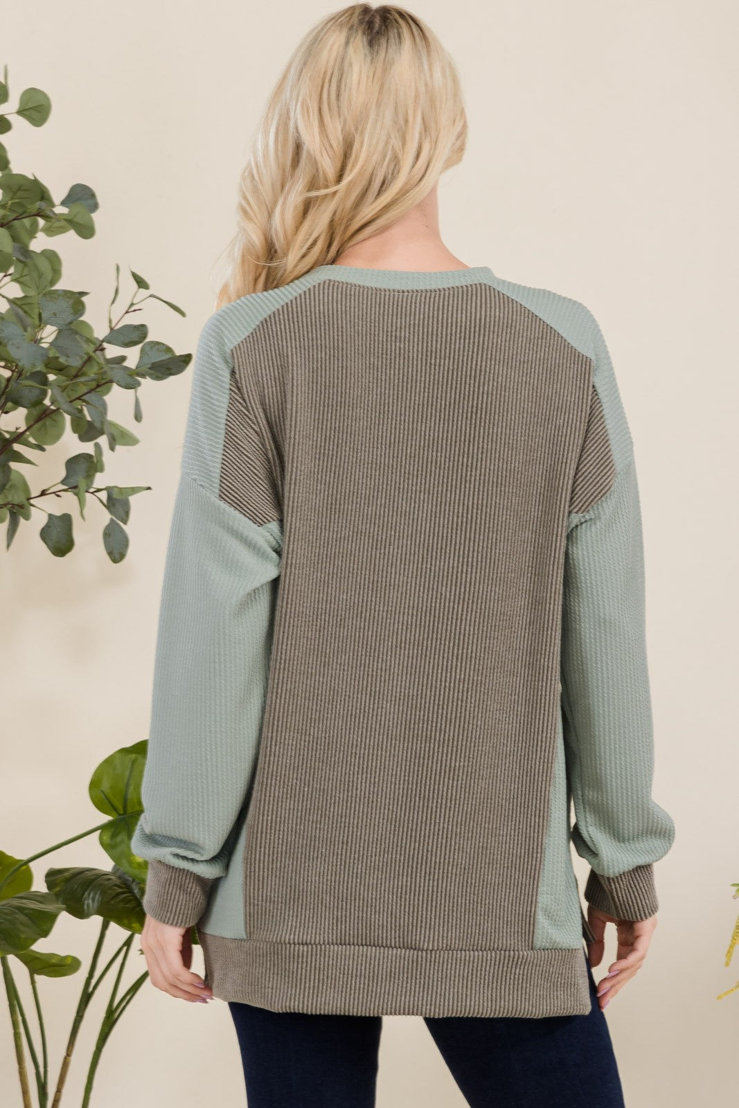 Celeste Full Size High-Low Contrast Round Neck Sweatshirt - Teresa's Fashionista LLC