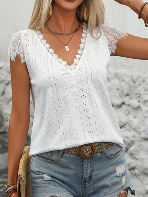 Eyelet Lace Detail V-Neck Cap Sleeve Top-Teresa's Fashionista LLC