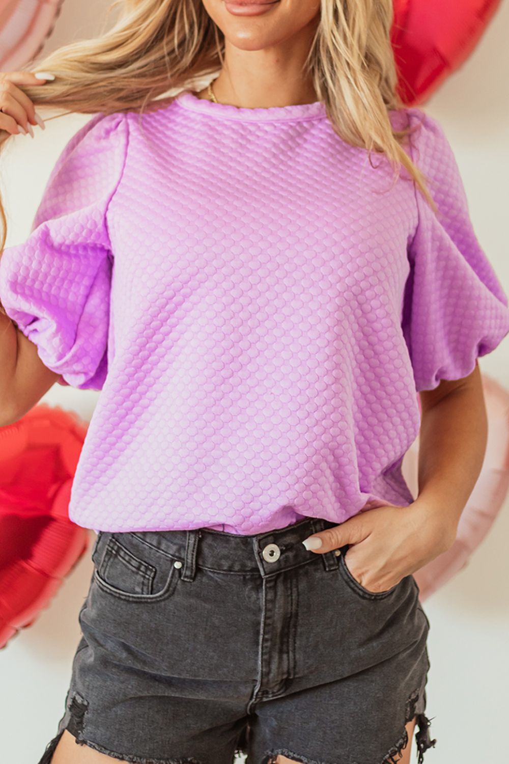 Textured Round Neck Puff Sleeve Blouse - Teresa's Fashionista LLC