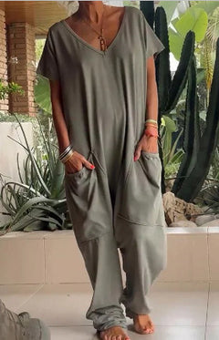 European And American Solid Color And V-neck Oversized Pocket Low-grade Jumpsuit - Teresa's Fashionista LLC