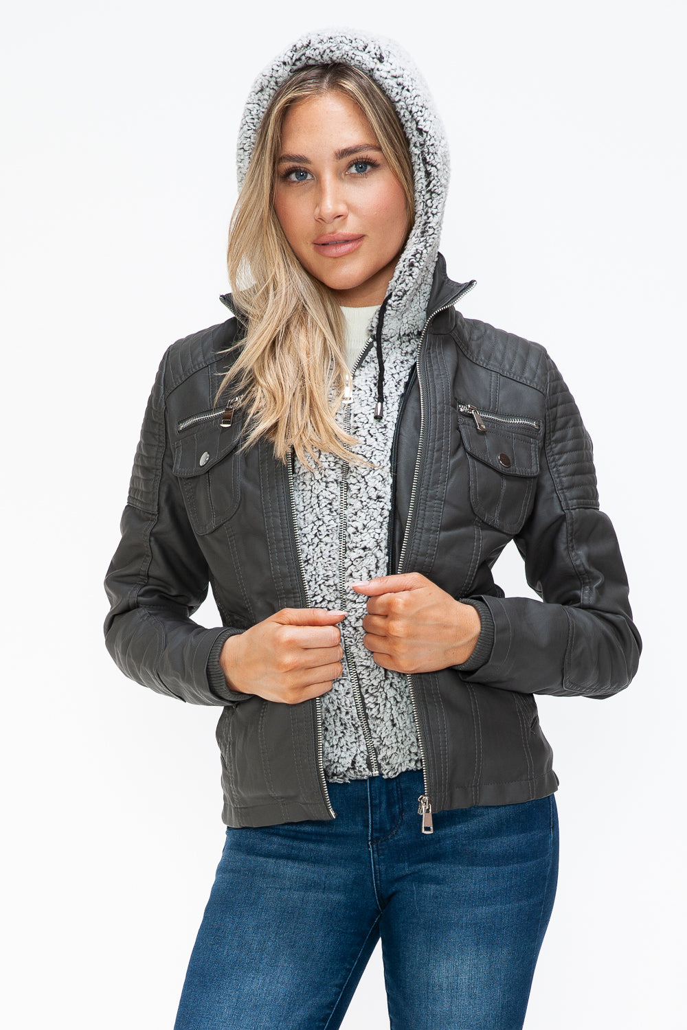 YMI Removable Faux Layered Multi-Pocket Jacket with Fuzzy Hood - Teresa's Fashionista LLC