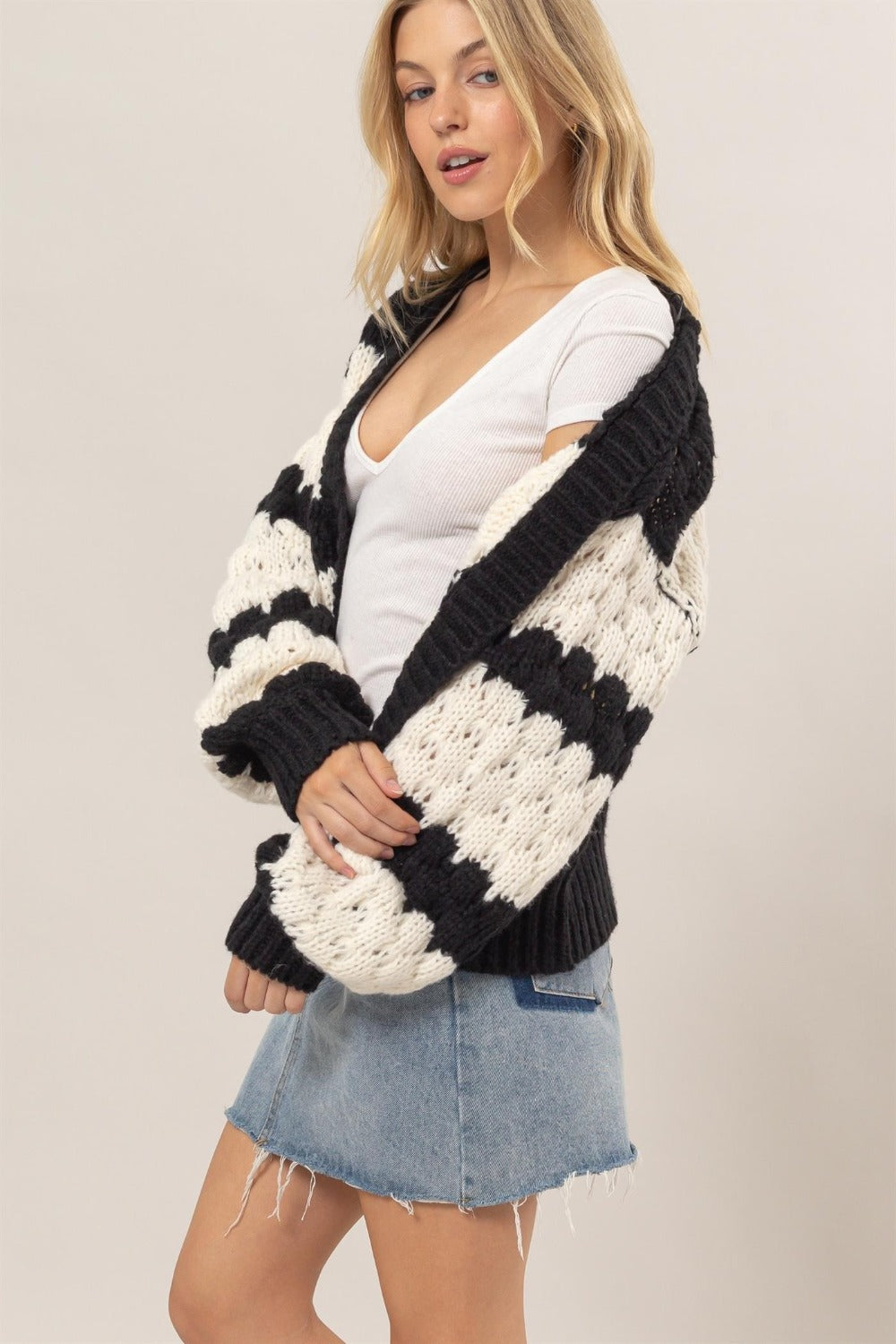 HYFVE Scallop Striped Open Front Long Sleeve Sweater Cardigan - Teresa's Fashionista LLC