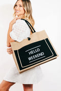 Fame Hello Weekend Burlap Tote Bag-Teresa's Fashionista LLC