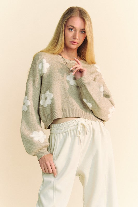 Davi & Dani Floral Drop Shoulder Cropped Sweater - Teresa's Fashionista LLC