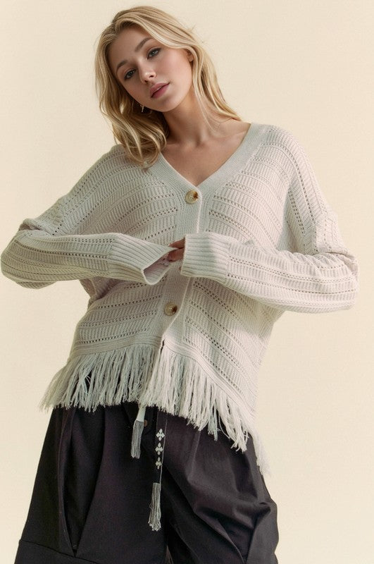Davi & Dani Fringe V-Neck Button Up Long Sleeve Cardigan - Teresa's Fashionista LLC