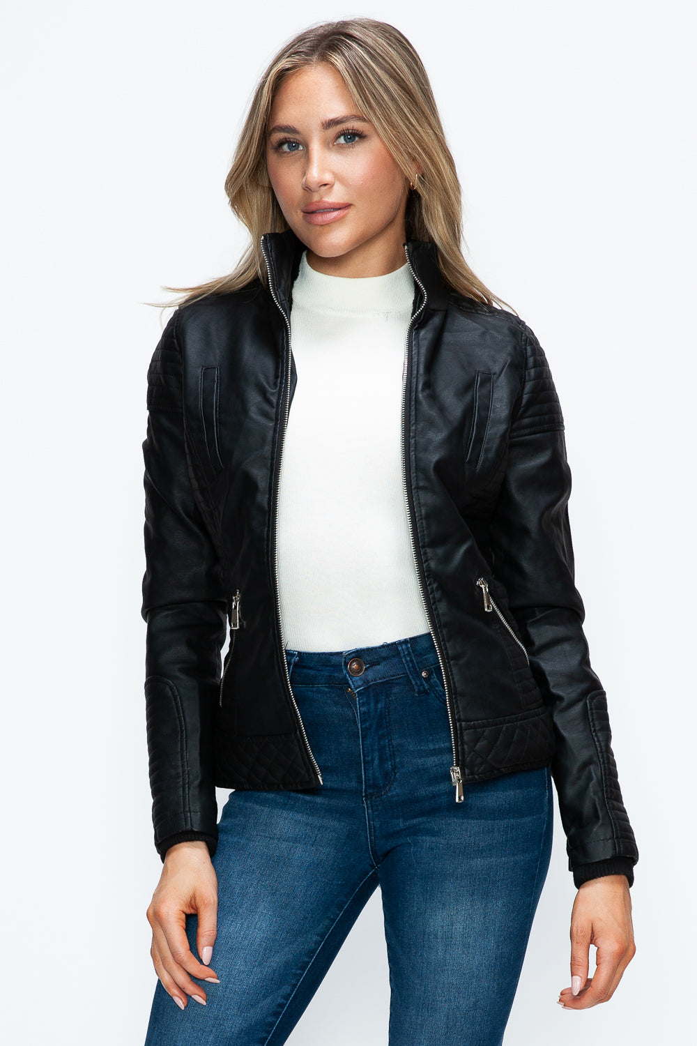 YMI Faux Layered Double-Zipper Jacket with Fuzzy Hood - Teresa's Fashionista LLC
