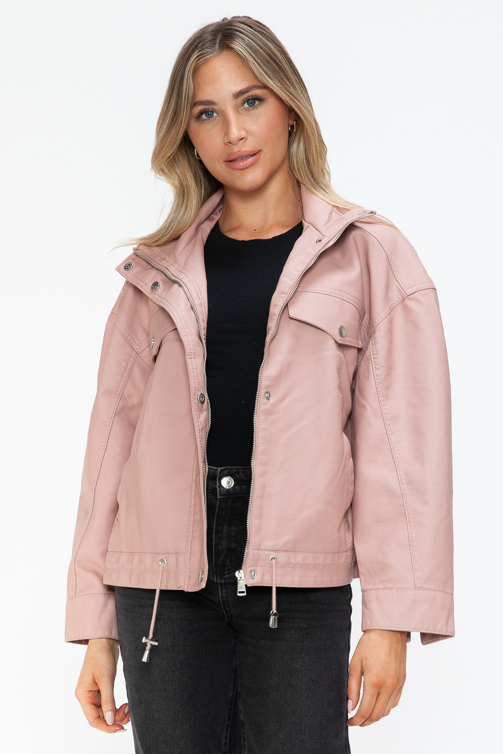 How Dare U Drawstring Hem PU Leather Zip Up Jacket - Teresa's Fashionista LLC