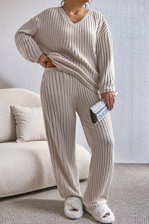 Plus Size Ribbed V-Neck Drop Shoulder Top and Pants Set-Teresa's Fashionista LLC