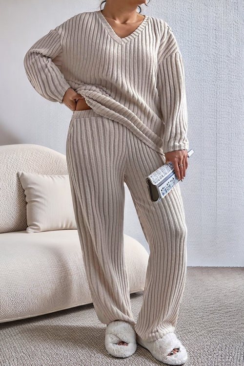 Plus Size Ribbed V-Neck Drop Shoulder Top and Pants Set-Teresa's Fashionista LLC