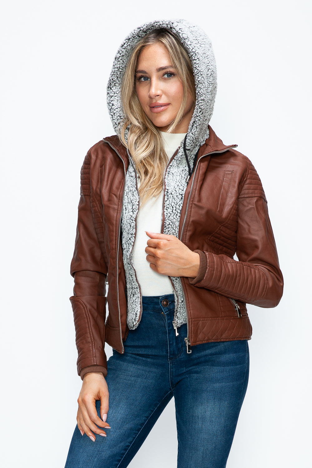 YMI Faux Layered Double-Zipper Jacket with Fuzzy Hood - Teresa's Fashionista LLC