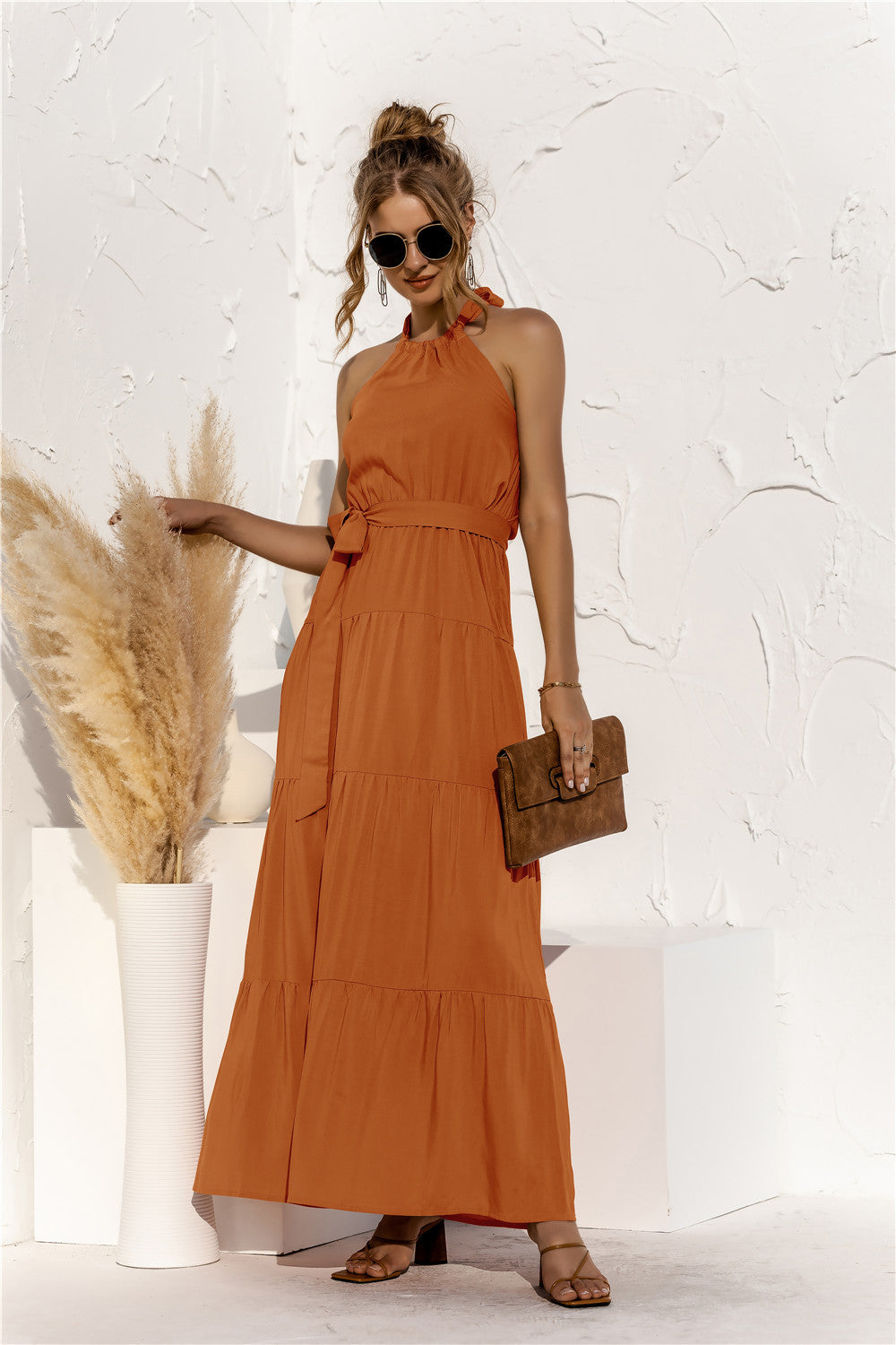 Halter Neck Tie Waist Tiered Maxi Dress-Teresa&#39;s Fashionista LLC