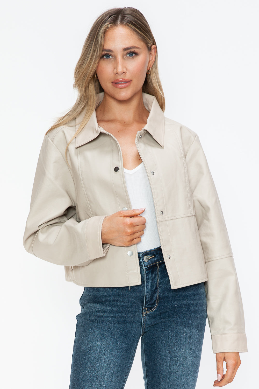 Snobbish Snap Down Long Sleeve PU Leather Jacket - Teresa's Fashionista LLC