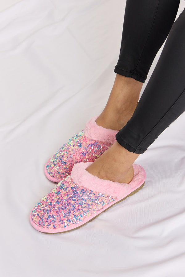 Forever Link Sequin Plush Round Toe Slippers-Teresa's Fashionista LLC