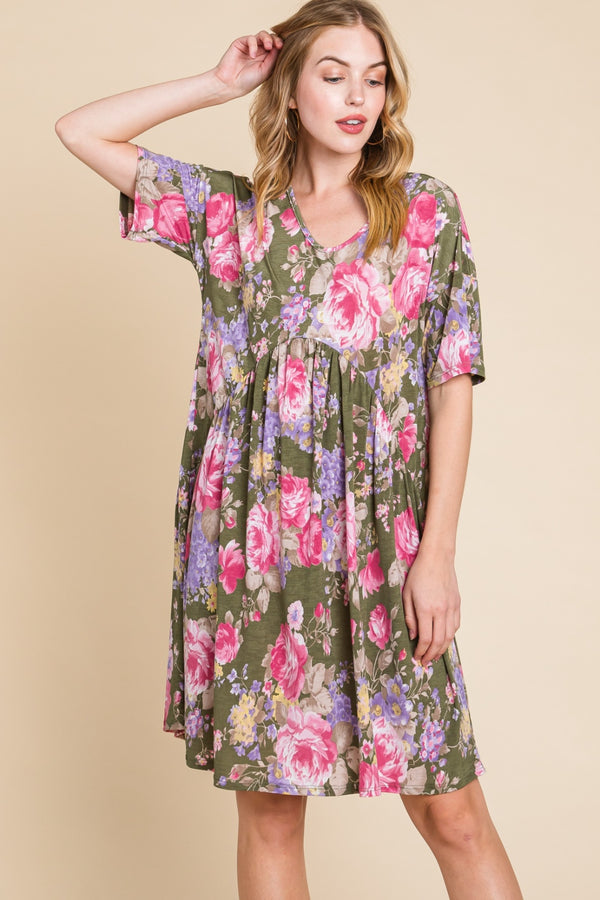 BOMBOM Flower Print V-Neck Ruched Dress-Teresa's Fashionista LLC
