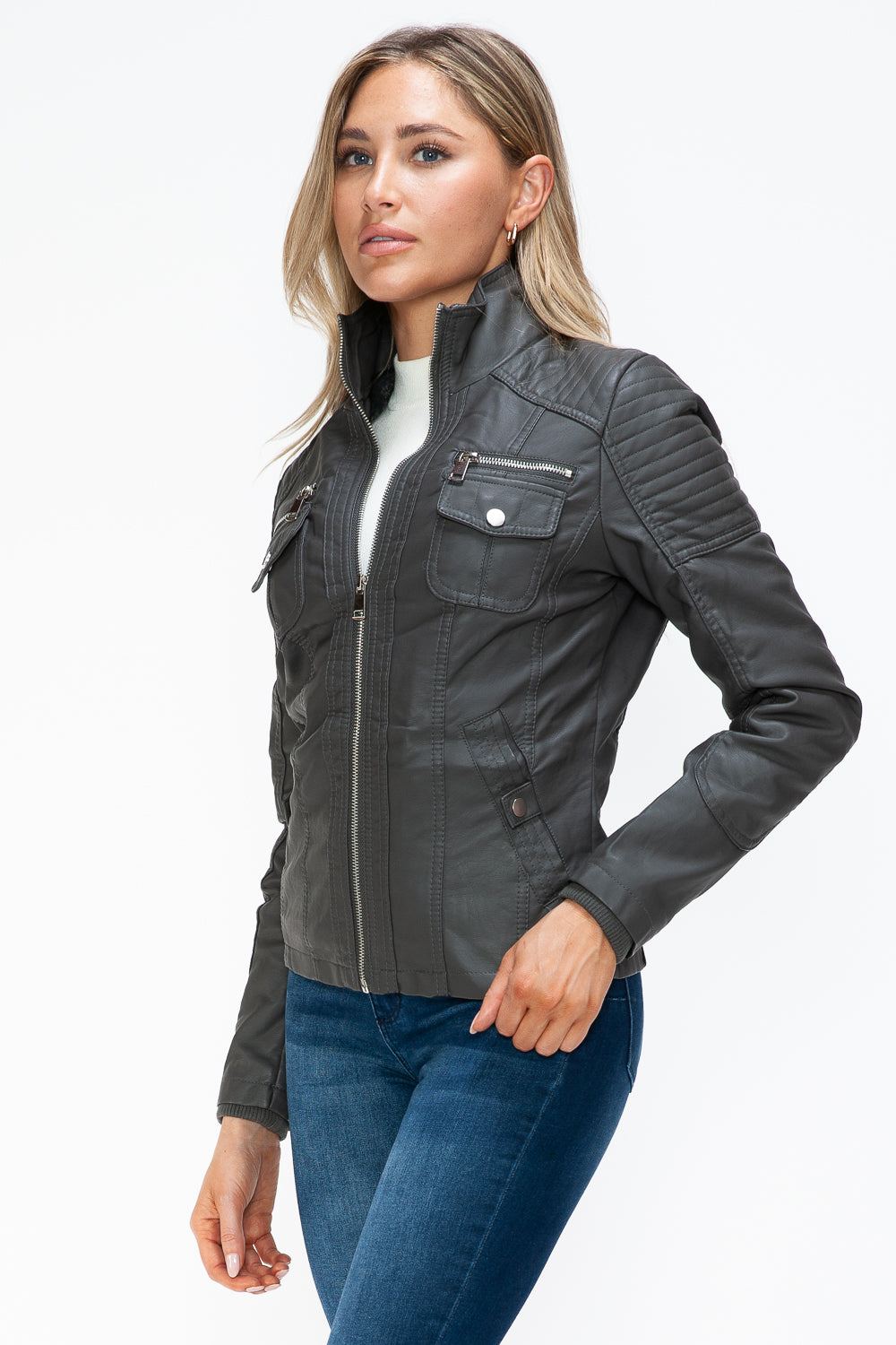 YMI Removable Faux Layered Multi-Pocket Jacket with Fuzzy Hood - Teresa's Fashionista LLC