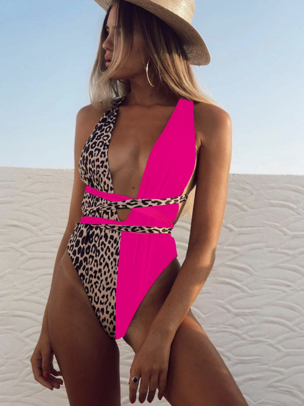 Tied Leopard Plunge One-Piece Swimwear-Teresa's Fashionista LLC
