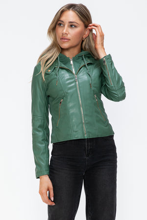 Snobbish Faux Leather Zip Up Drawstring Hooded Jacket - Teresa's Fashionista LLC