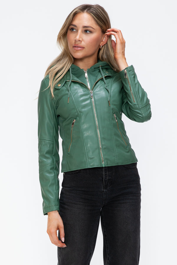 Snobbish Faux Leather Zip Up Drawstring Hooded Jacket - Teresa's Fashionista LLC