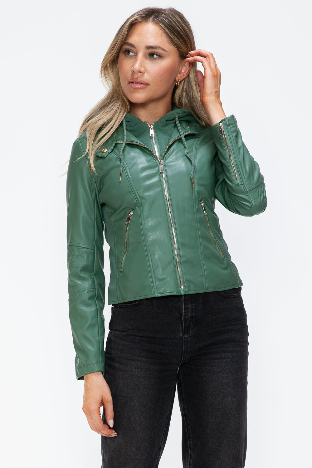 Snobbish Faux Leather Zip Up Drawstring Hooded Jacket - Teresa's Fashionista LLC