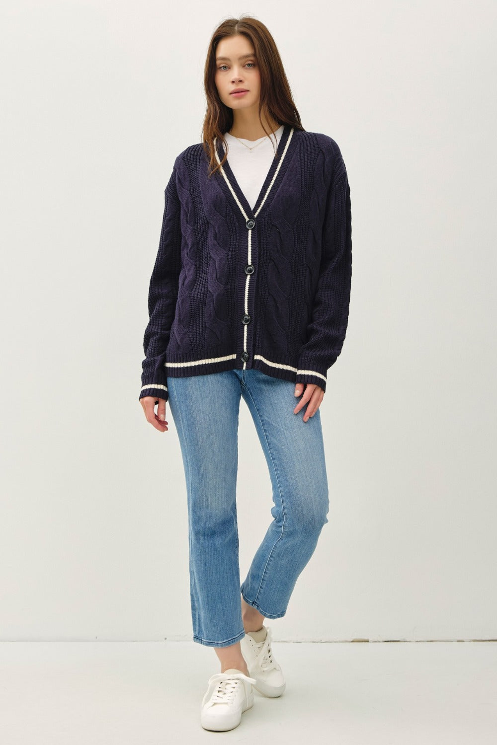 Be Cool Contrast Trim Cable-Knit V-Neck Cardigan - Teresa's Fashionista LLC