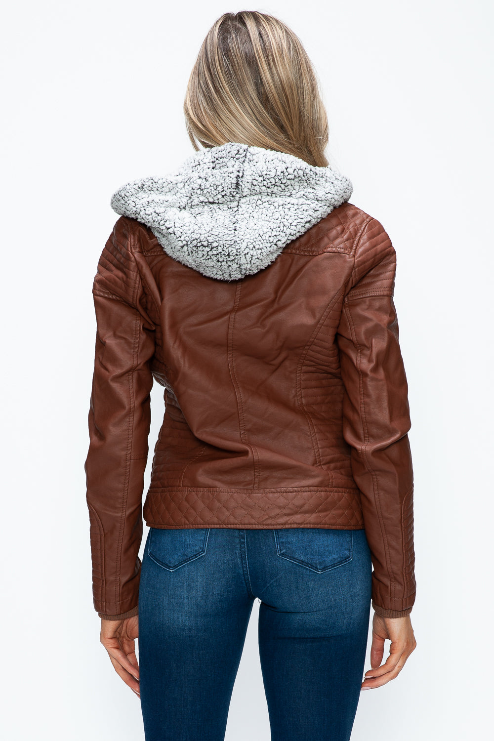 YMI Faux Layered Double-Zipper Jacket with Fuzzy Hood - Teresa's Fashionista LLC