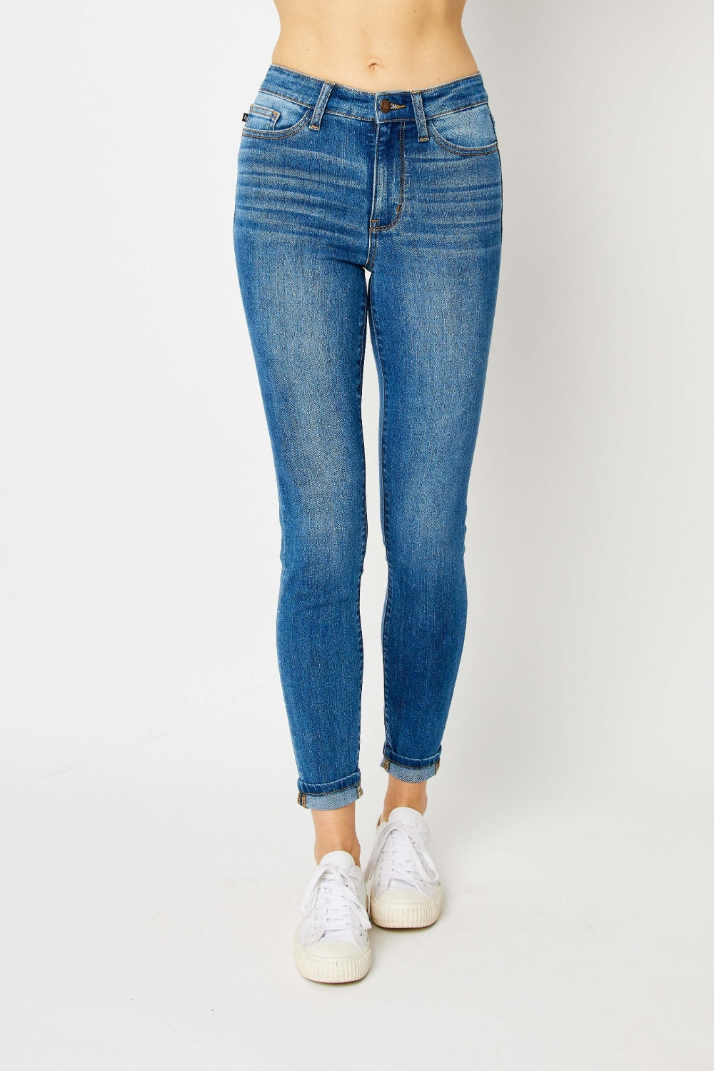 Judy Blue full size cuffed hem skinny jeans with a flattering slim fit and modern style.