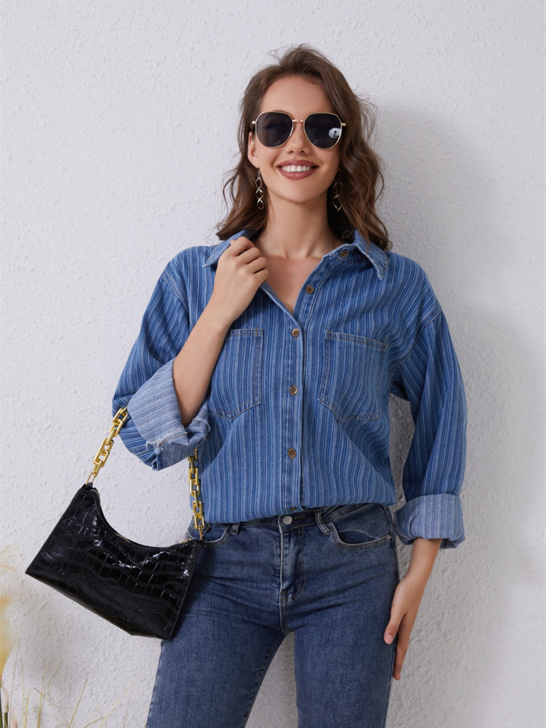Pocketed Striped Button Up Denim Shirt-Teresa&#39;s Fashionista LLC