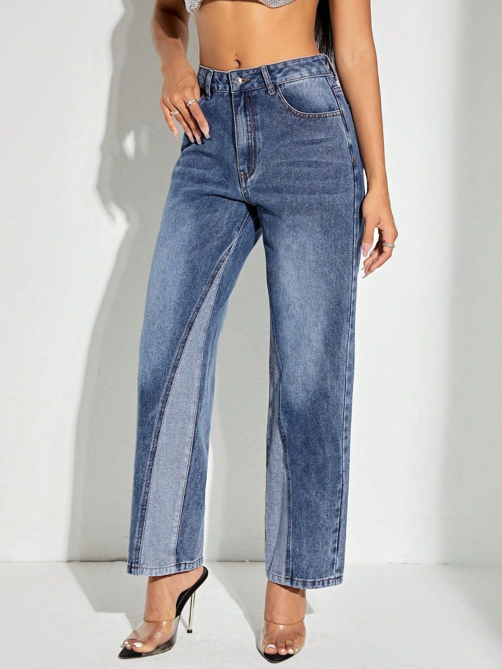 Contrast Patchwork Straight Jeans with Pockets - Teresa's Fashionista LLC