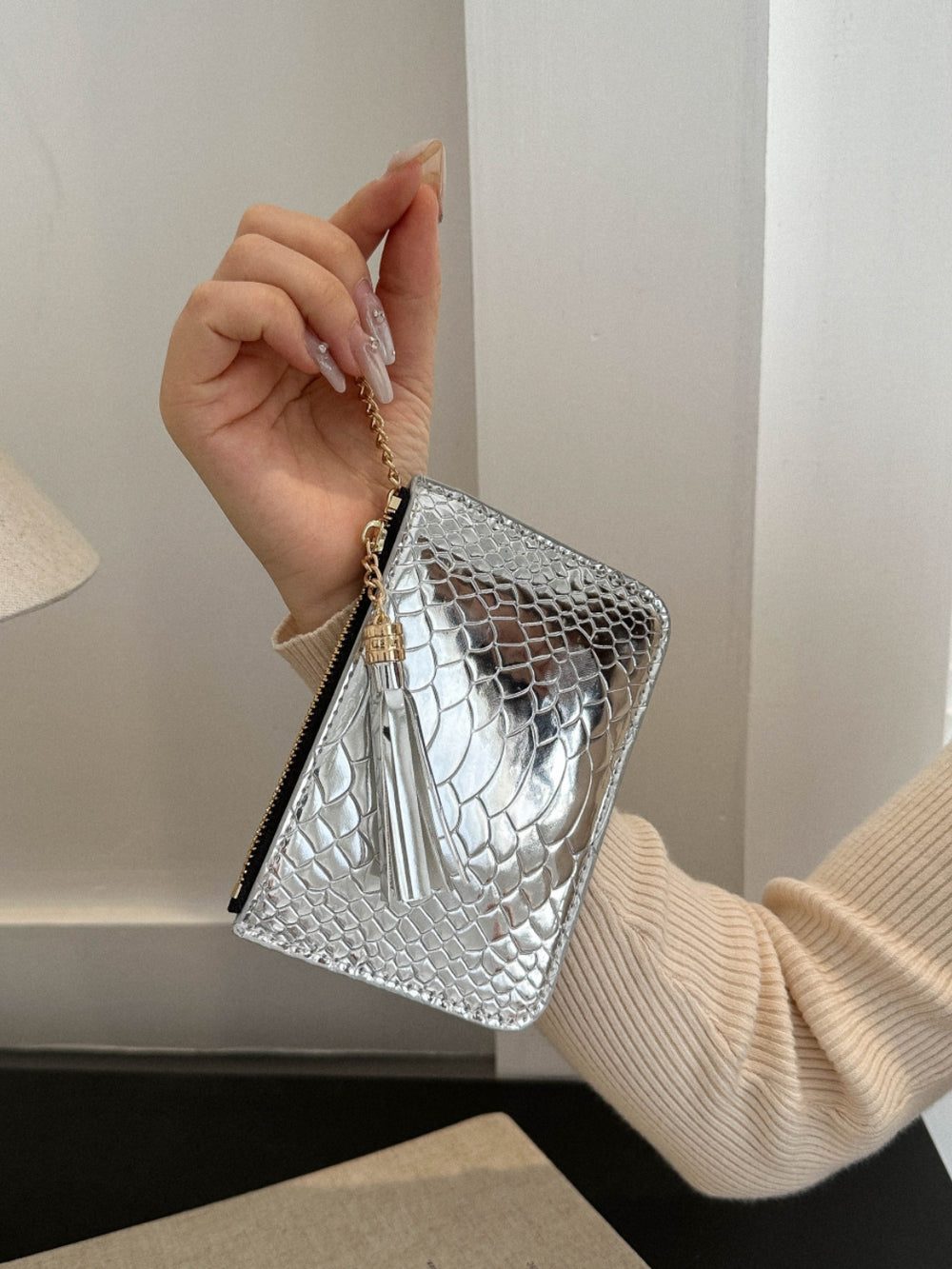 PU Leather Tassel Trim Card Case-Teresa's Fashionista LLC
