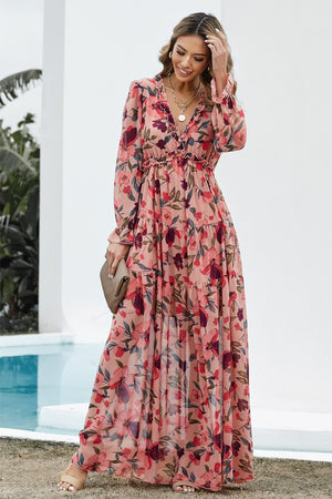 Floral Frill Trim Flounce Sleeve Plunge Maxi Dress-Teresa's Fashionista LLC