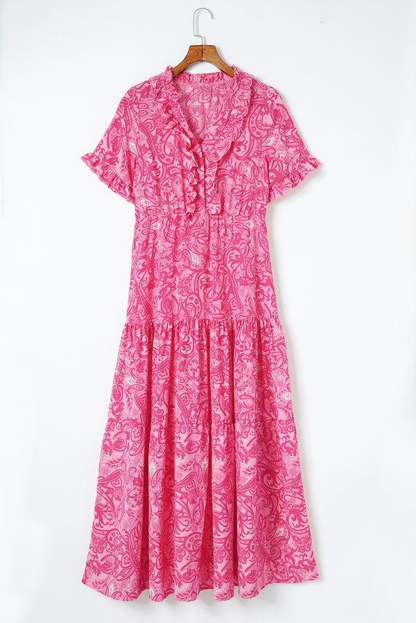 Paisley Print Flounce Sleeve Maxi Dress-Teresa's Fashionista LLC