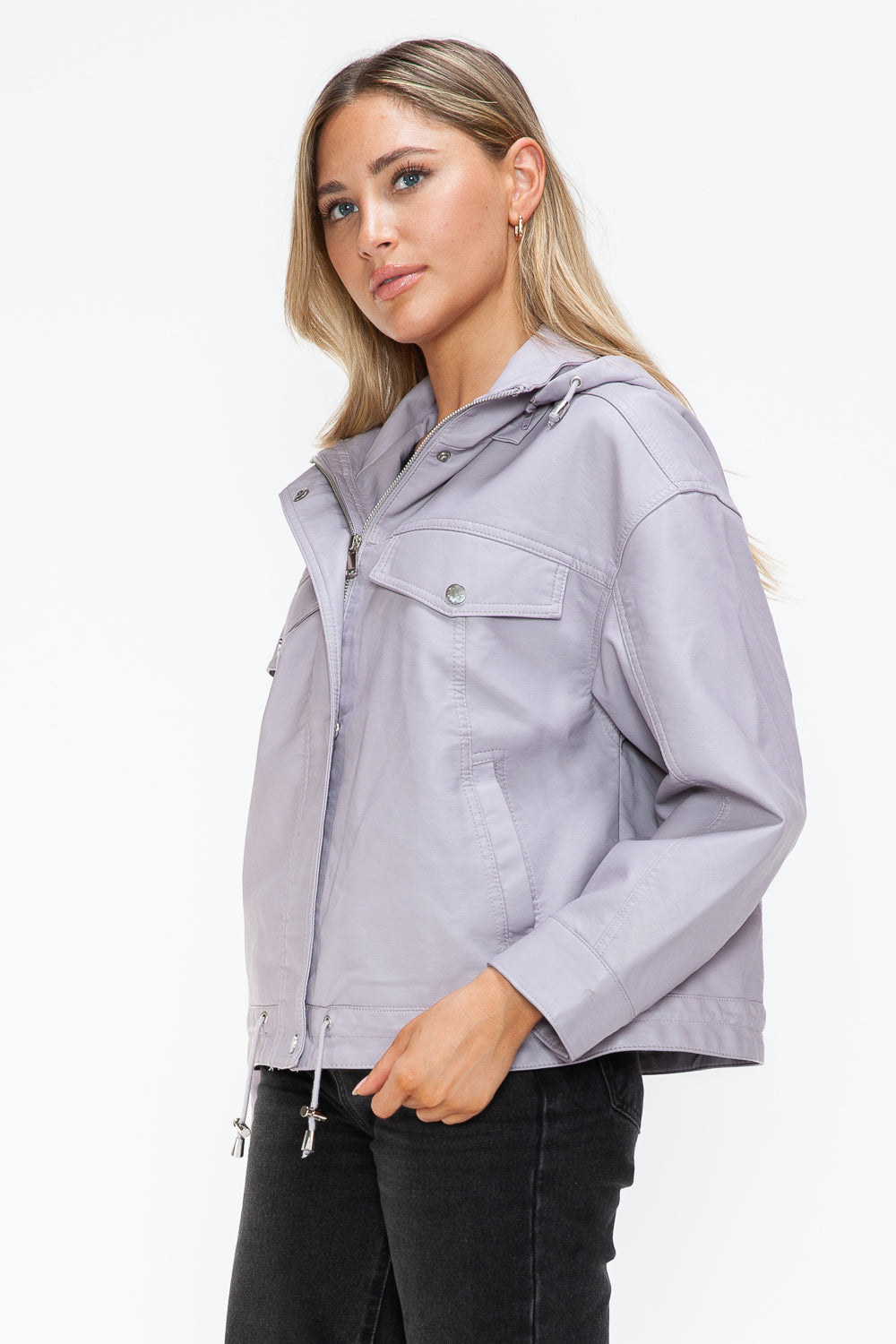 How Dare U Drawstring Hem PU Leather Zip Up Jacket - Teresa's Fashionista LLC