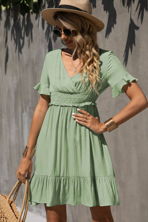 Smocked Waist Flounce Sleeve Ruffle Hem Dress-Teresa's Fashionista LLC