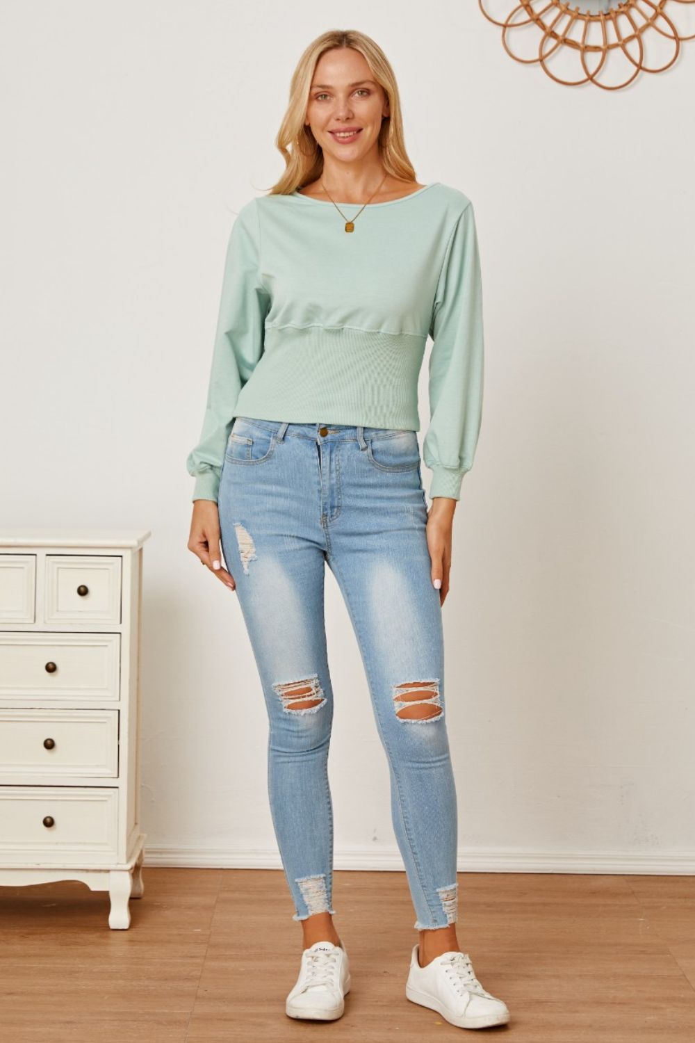 Boat Neck Lantern Sleeve Blouse-Teresa&#39;s Fashionista LLC