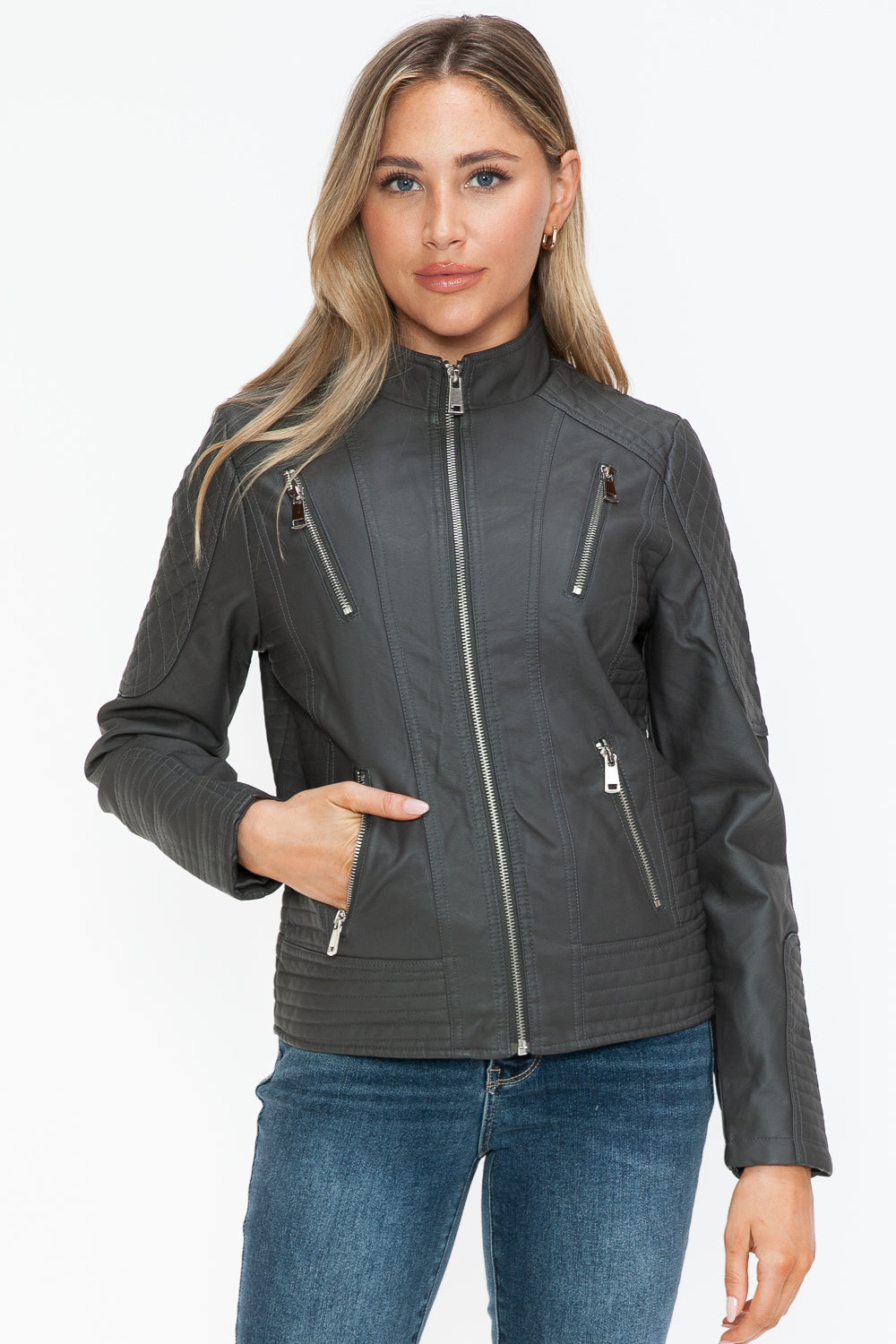 Snobbish Faux Leather Zip Up Mock Neck Jacket - Teresa's Fashionista LLC