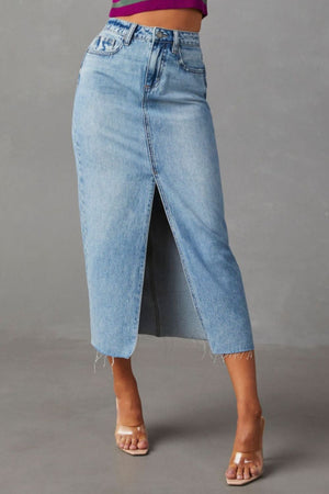 Slit Raw Hem Midi Denim Skirt-Teresa's Fashionista LLC