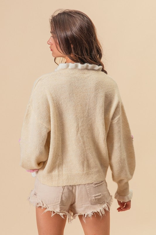 BiBi Ruffled Crochet Flower Dropped Shoulder Sweater - Teresa's Fashionista LLC