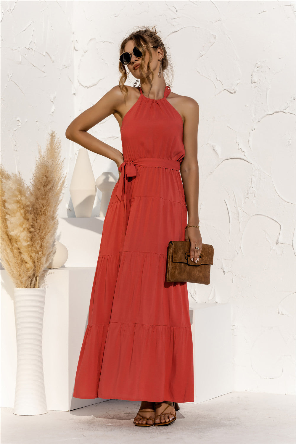 Halter Neck Tie Waist Tiered Maxi Dress-Teresa&#39;s Fashionista LLC