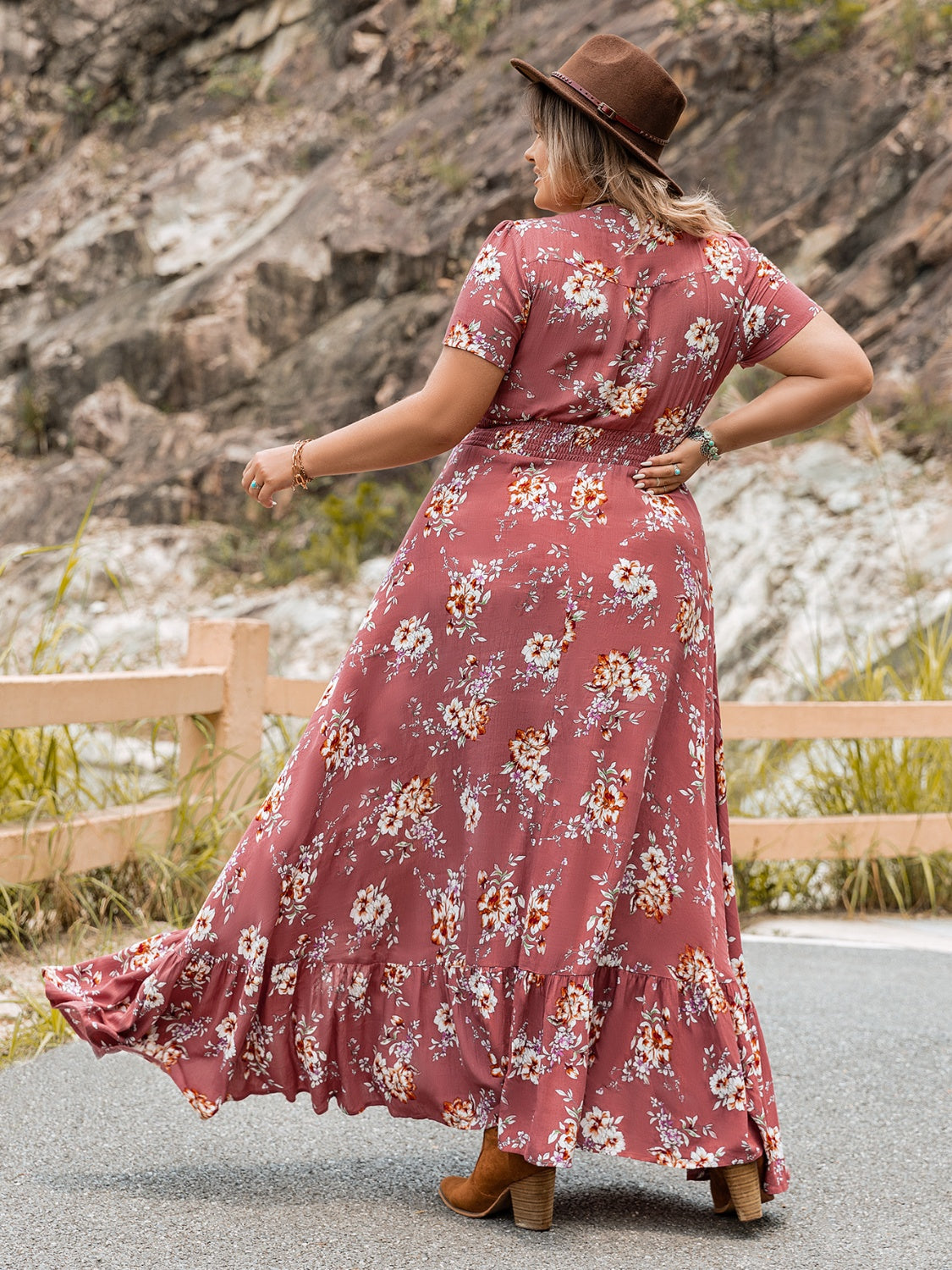 Plus Size Floral Slit Ruffle Hem Dress-Teresa&#39;s Fashionista LLC